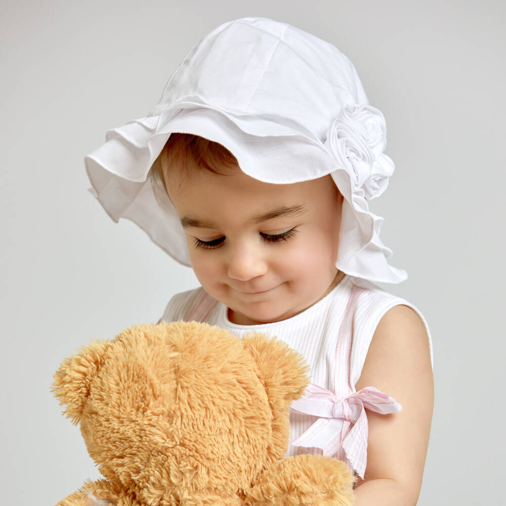 Sarah Louise-Baby Girls White Sun Hat with Flower | Childrensalon