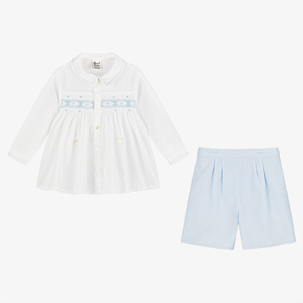 Sarah Louise-Boys Blue & White Hand-Smocked Buster Suit | Childrensalon