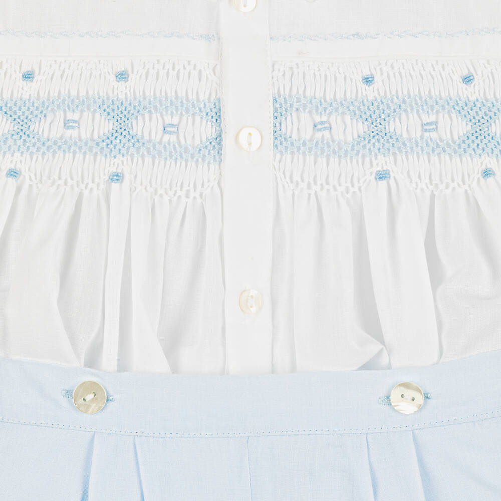 Sarah Louise-Boys Blue & White Hand-Smocked Buster Suit | Childrensalon