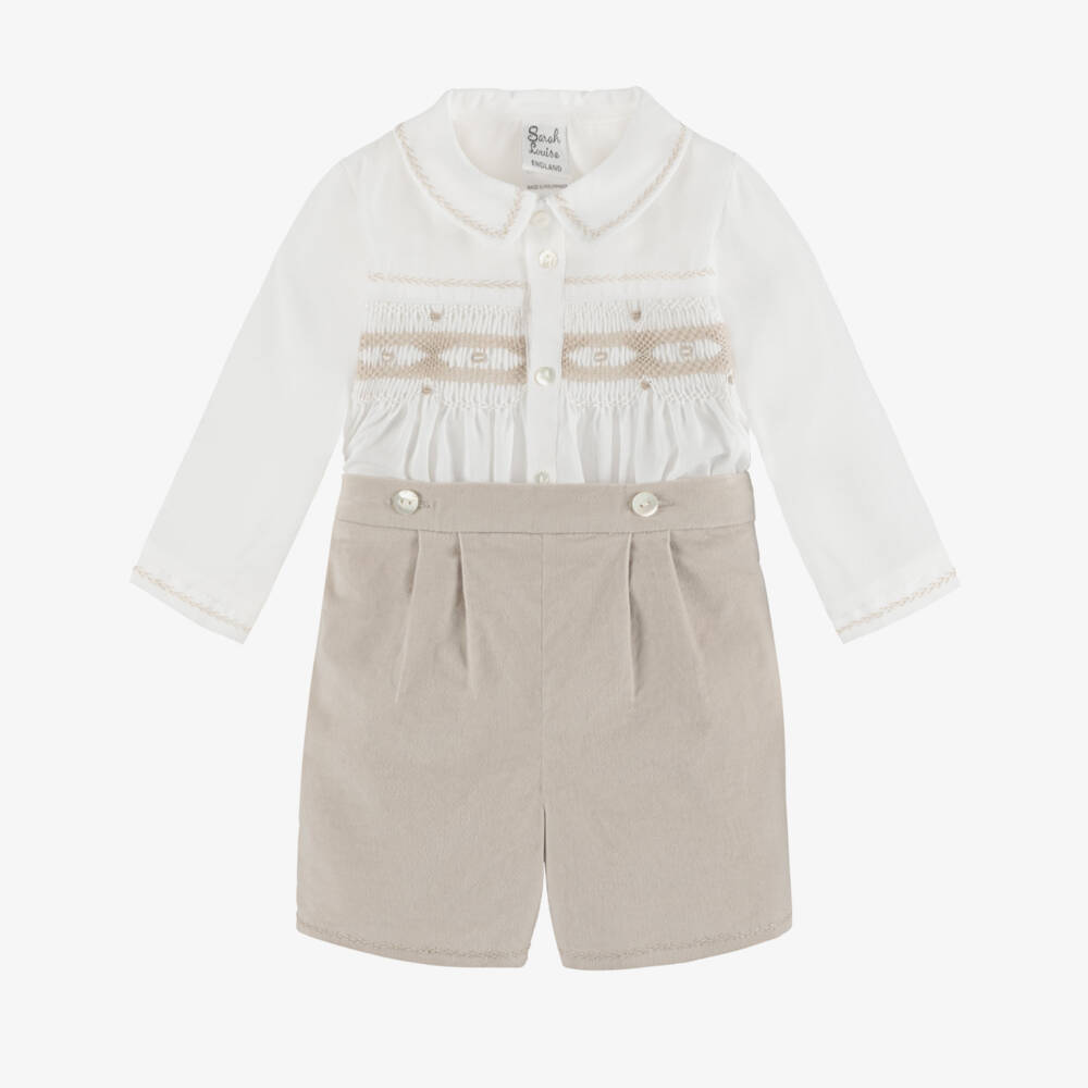 Sarah Louise-Boys Ivory & Beige Cotton & Velvet Buster Suit | Childrensalon