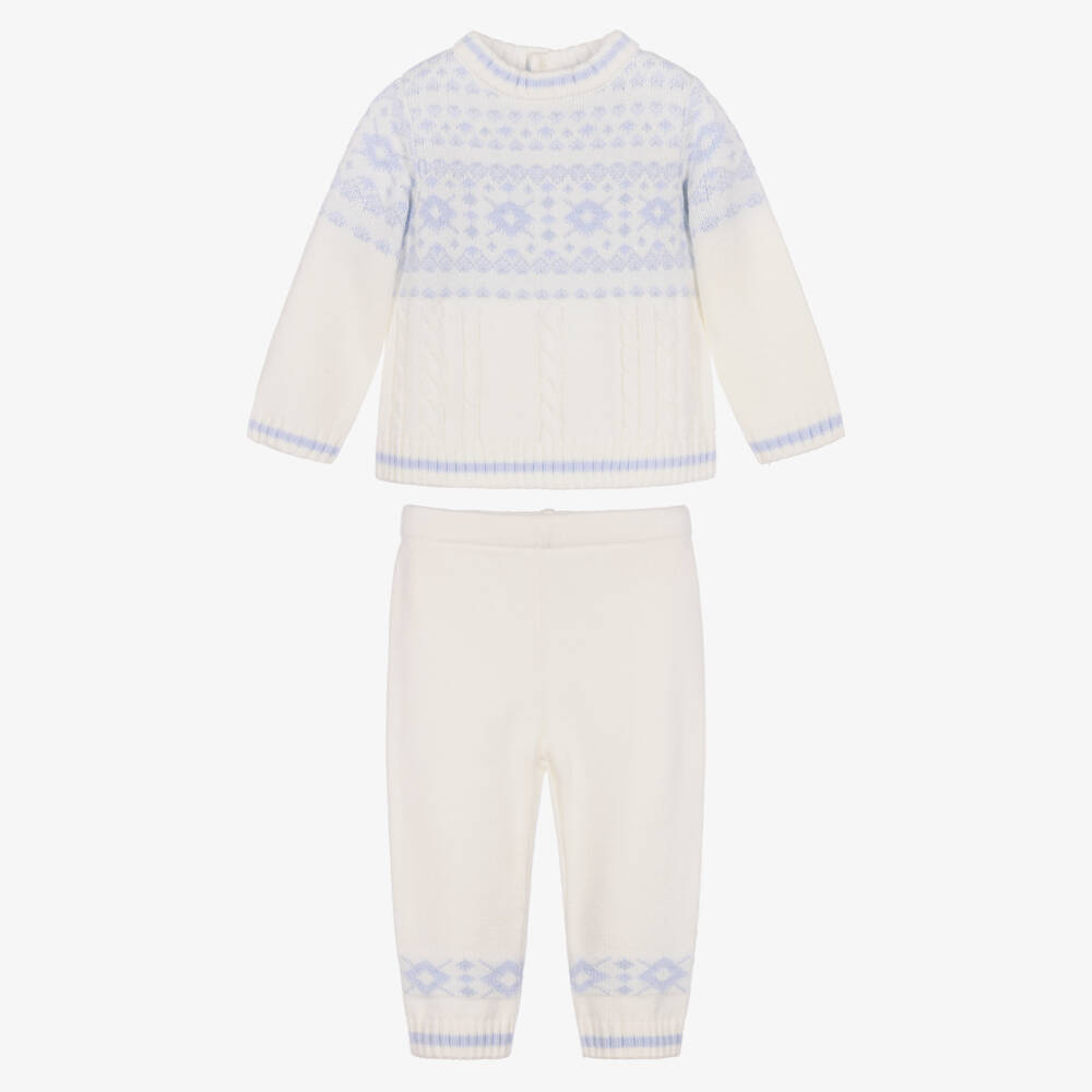 Sarah Louise-Boys Ivory & Blue Knitted Trouser Set | Childrensalon