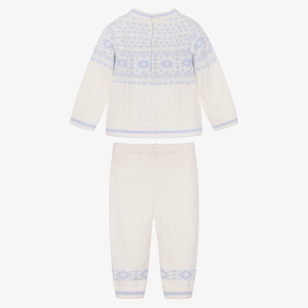 Sarah Louise-Boys Ivory & Blue Knitted Trouser Set | Childrensalon