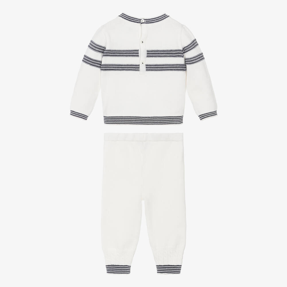 Sarah Louise-Boys Ivory & Blue Stripe Cotton Knit Trouser Set | Childrensalon