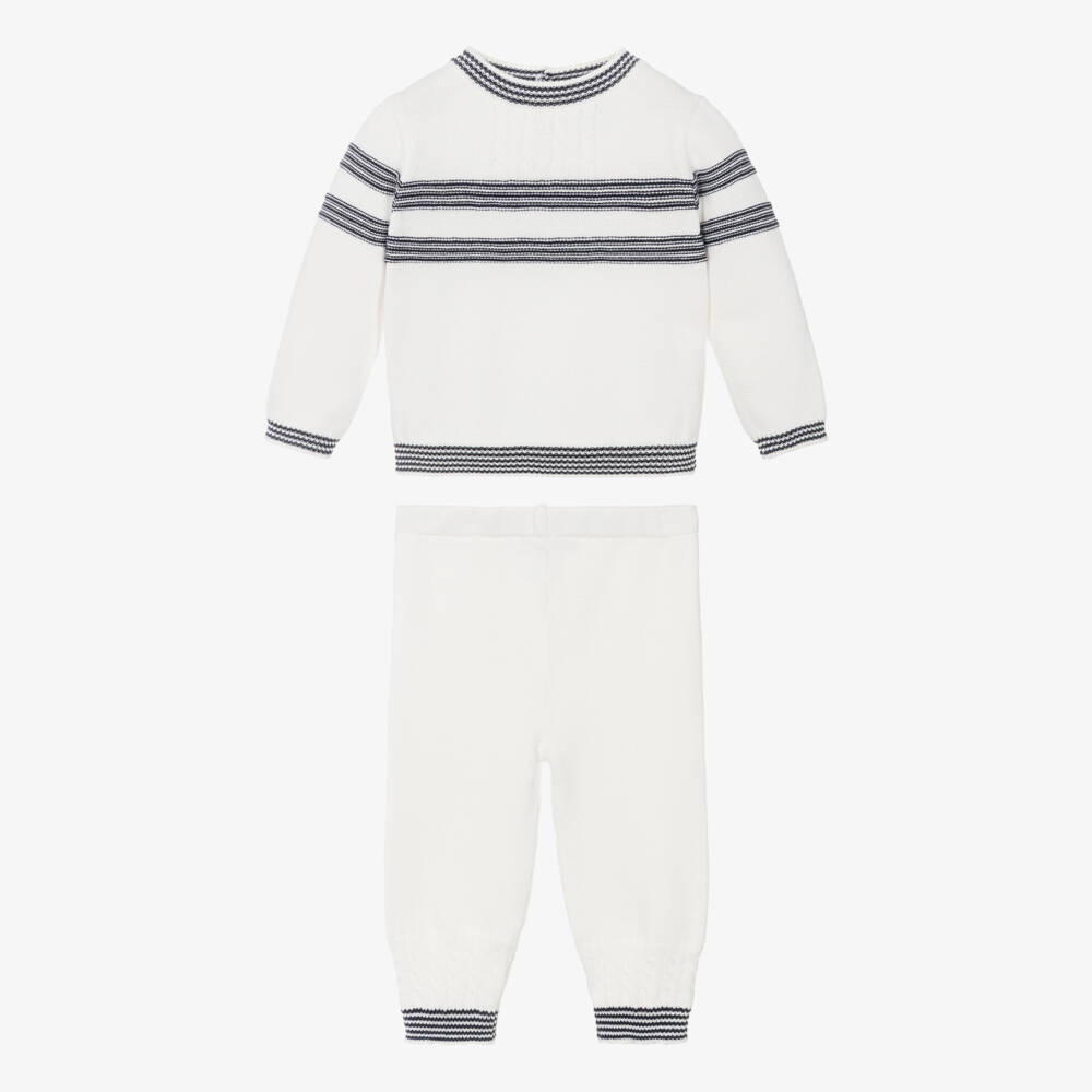 Sarah Louise-Boys Ivory & Blue Stripe Cotton Knit Trouser Set | Childrensalon