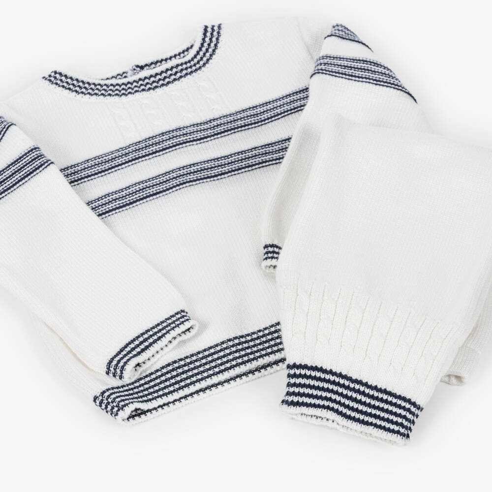 Sarah Louise-Boys Ivory & Blue Stripe Cotton Knit Trouser Set | Childrensalon