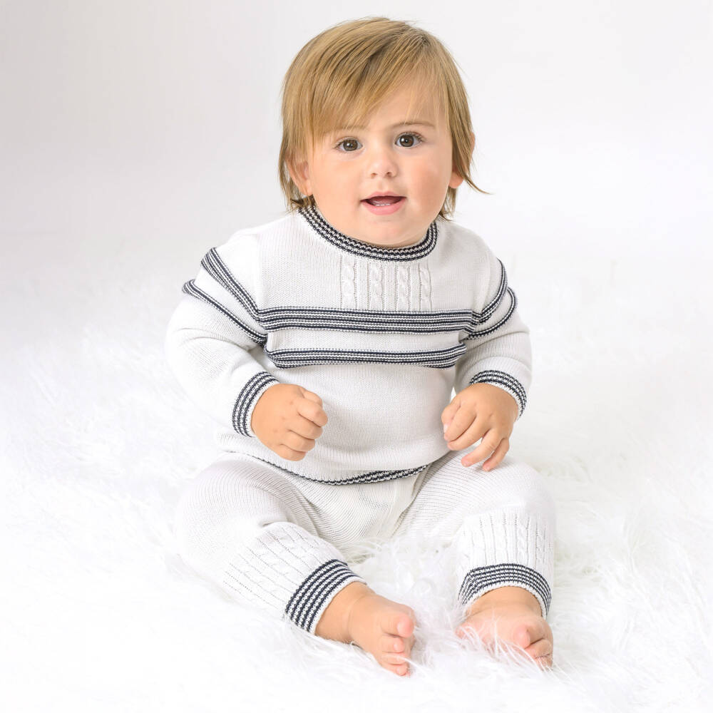Sarah Louise-Boys Ivory & Blue Stripe Cotton Knit Trouser Set | Childrensalon