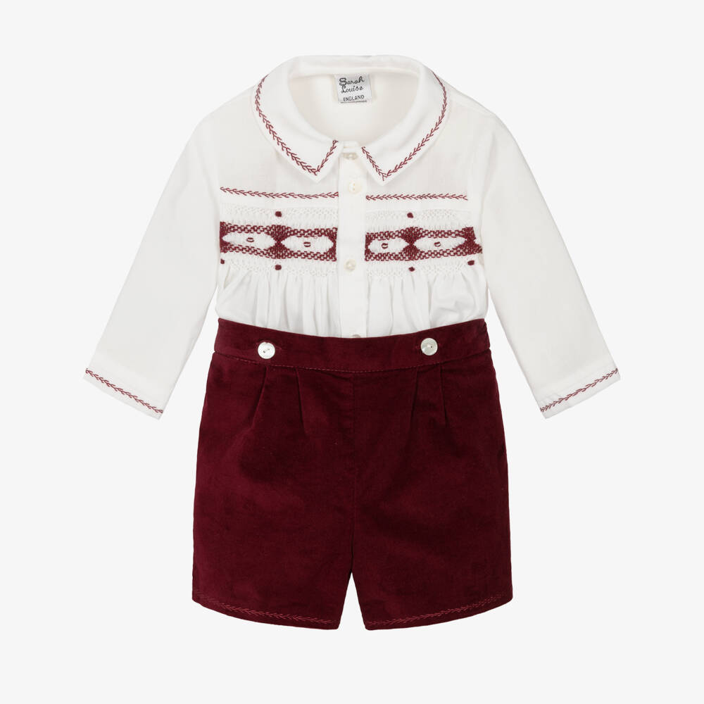 Sarah Louise-Boys Ivory & Burgundy Cotton & Velvet Buster Suit | Childrensalon