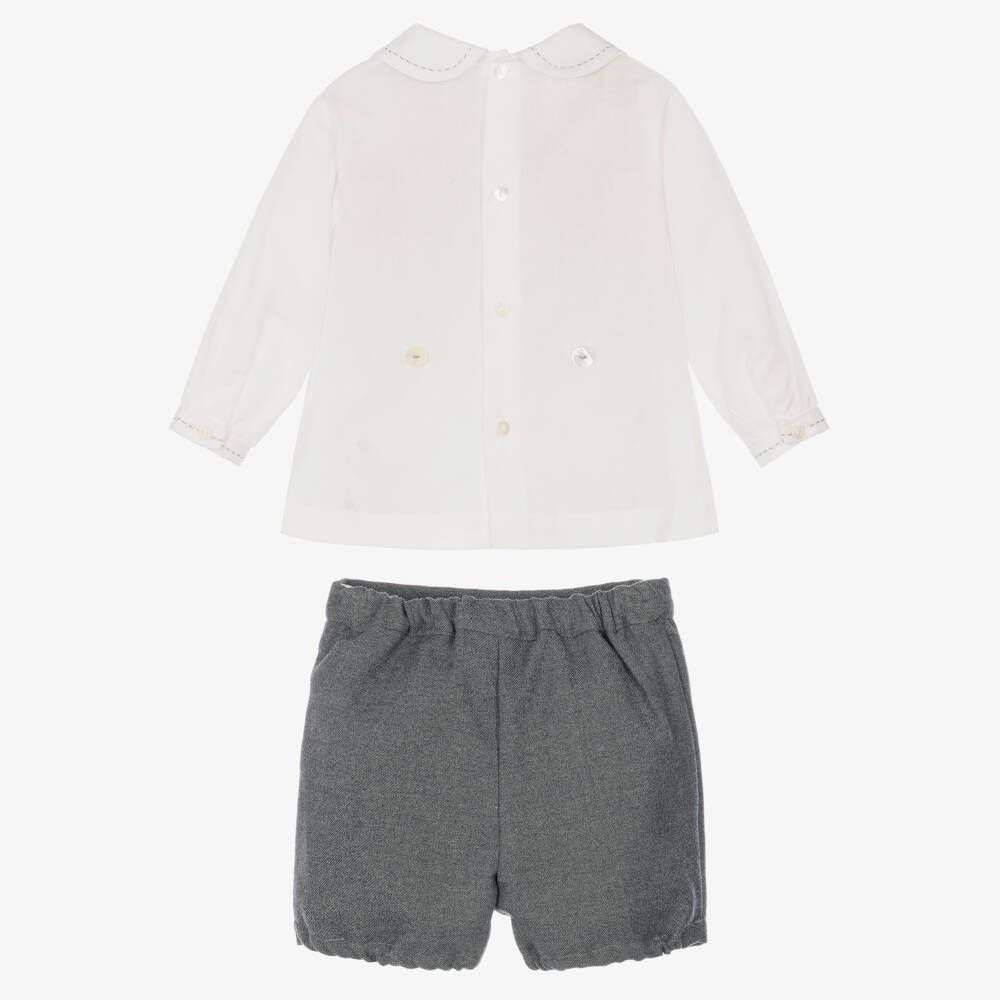 Sarah Louise-Boys Ivory & Grey Hand-Smocked Buster Suit | Childrensalon