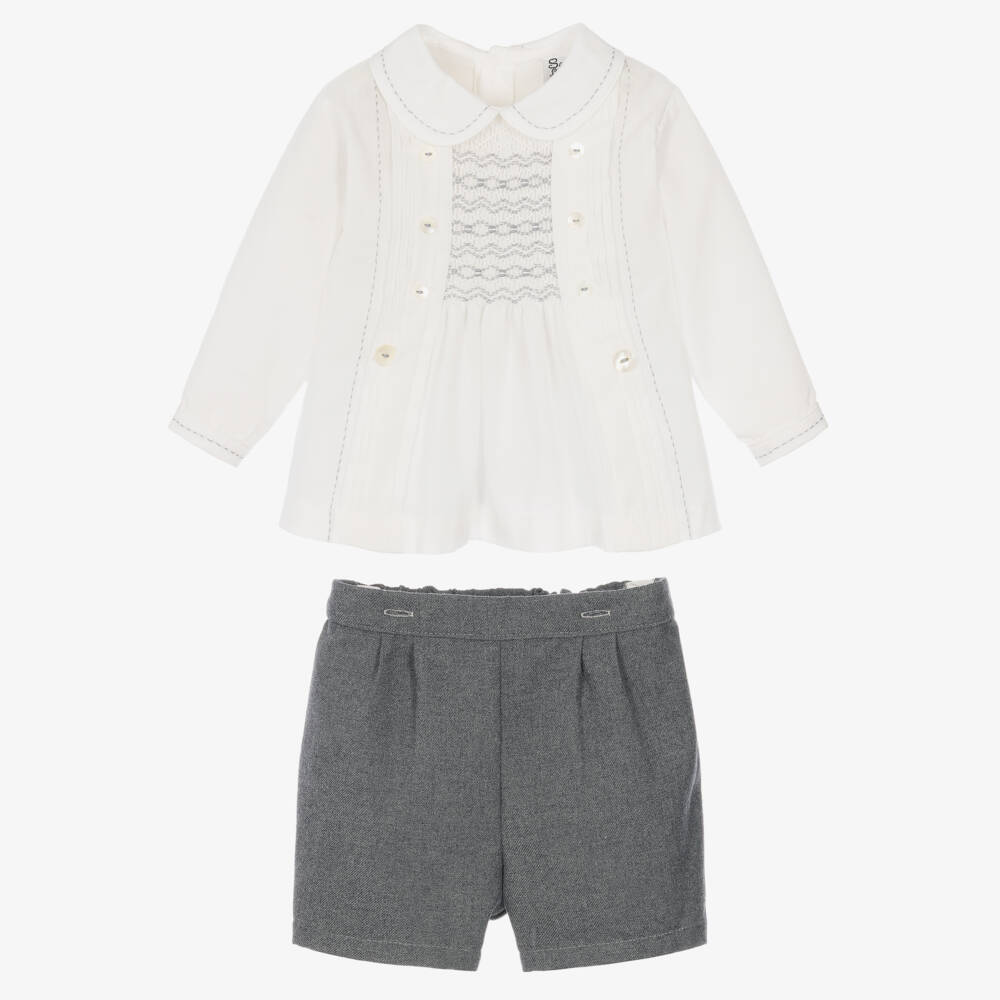 Sarah Louise-Boys Ivory & Grey Hand-Smocked Buster Suit | Childrensalon