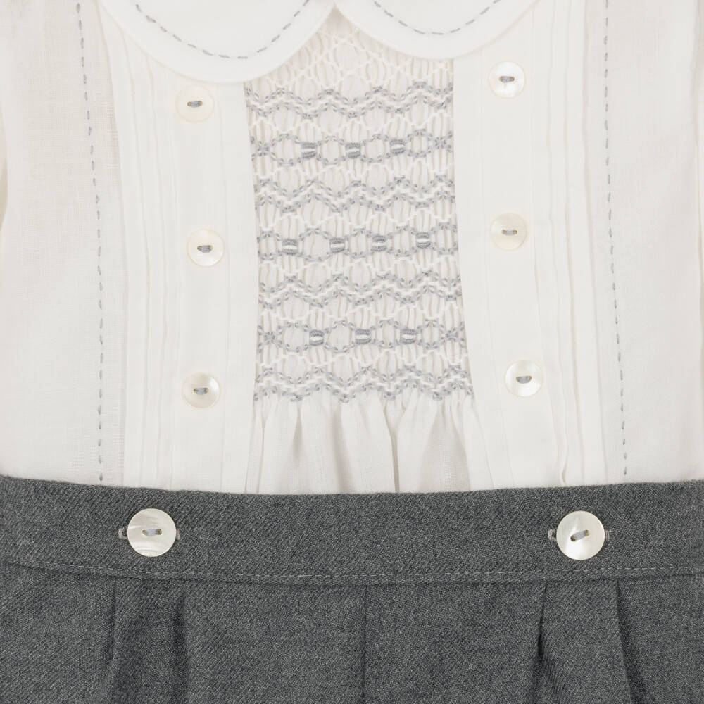 Sarah Louise-Boys Ivory & Grey Hand-Smocked Buster Suit | Childrensalon