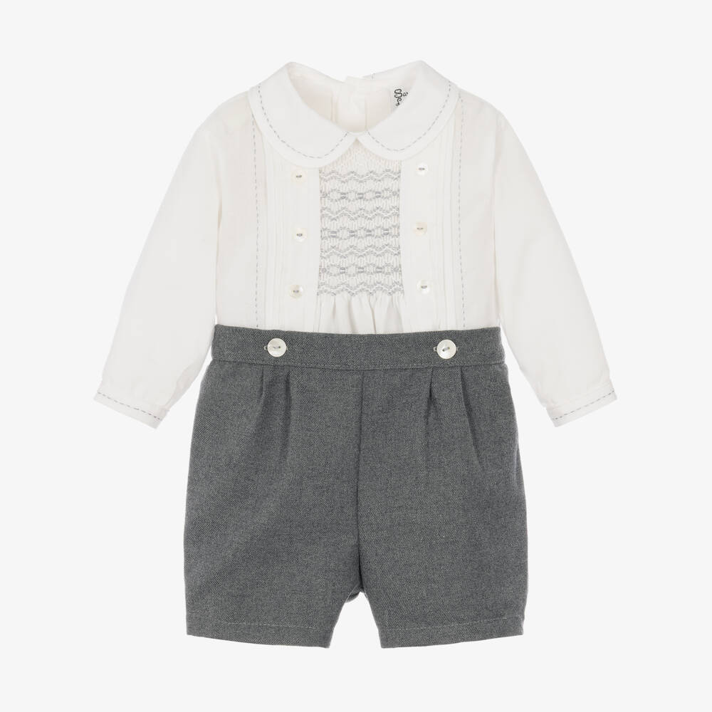 Sarah Louise-Boys Ivory & Grey Hand-Smocked Buster Suit | Childrensalon
