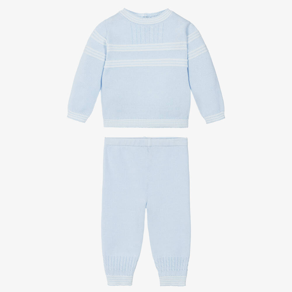 Sarah Louise-Boys Pale Blue & White Stripe Cotton Knit Trouser Set | Childrensalon