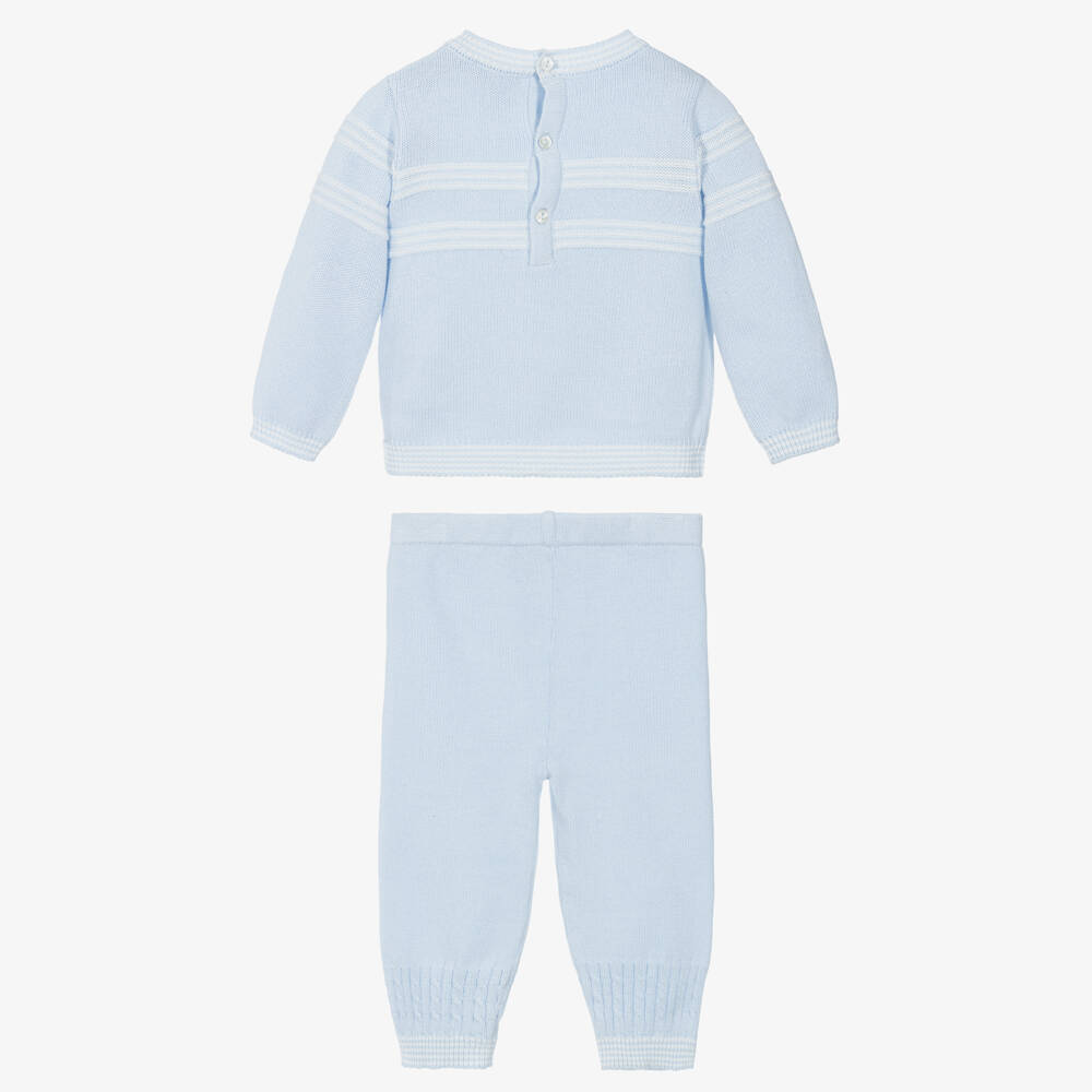 Sarah Louise-Boys Pale Blue & White Stripe Cotton Knit Trouser Set | Childrensalon