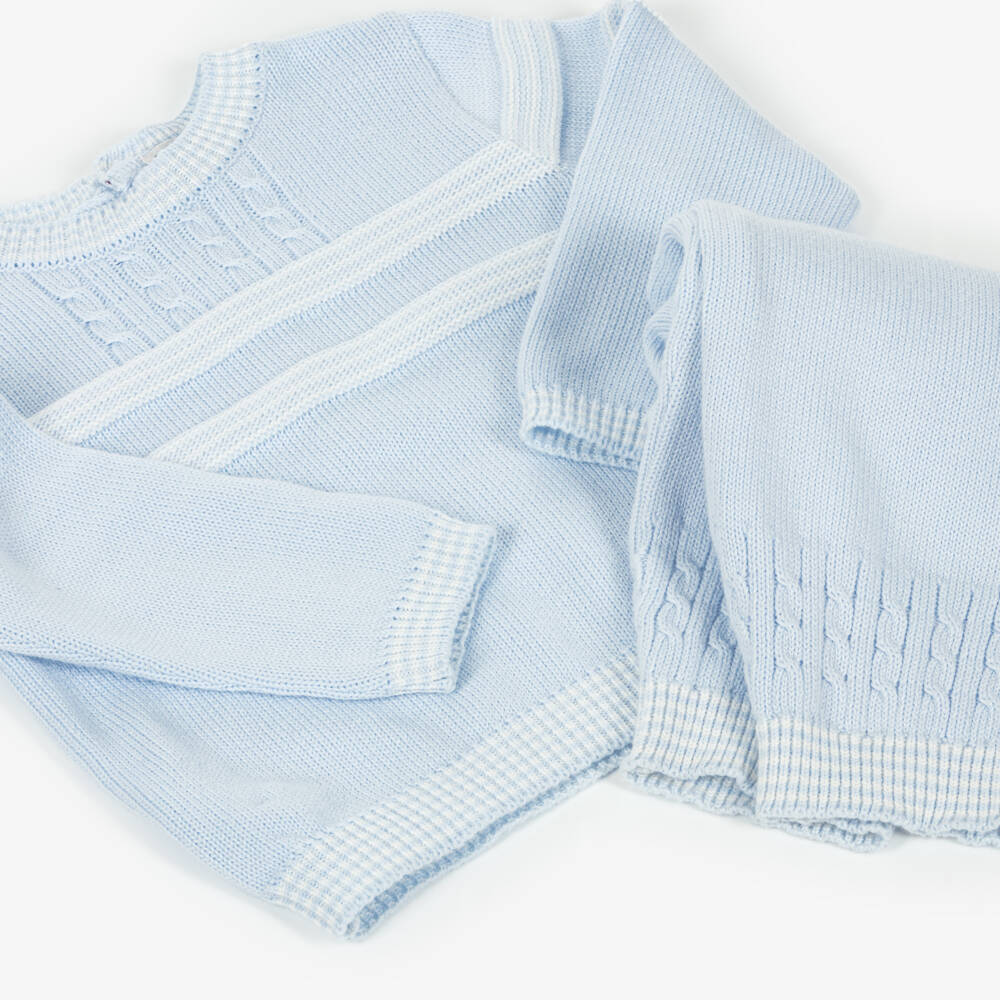 Sarah Louise-Boys Pale Blue & White Stripe Cotton Knit Trouser Set | Childrensalon
