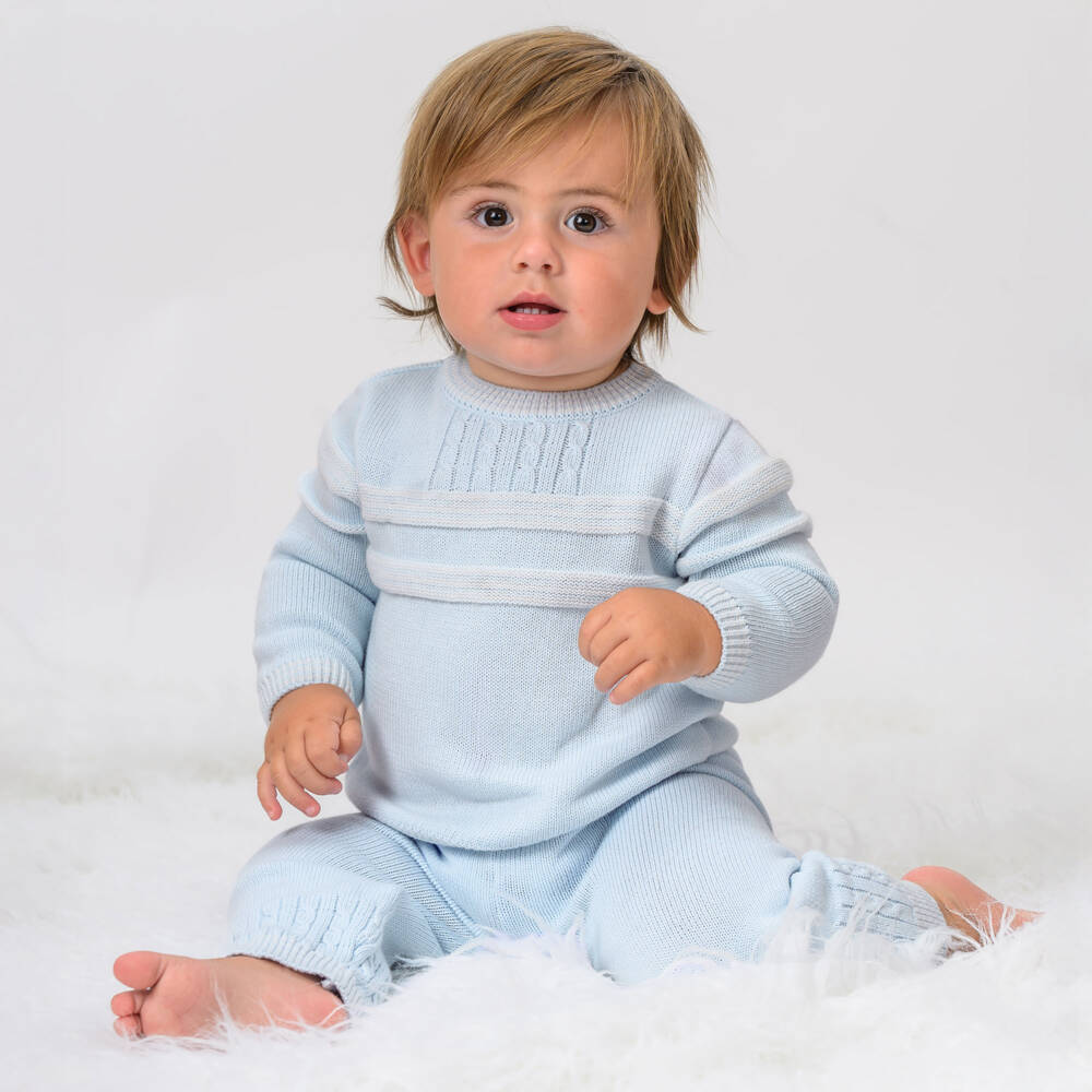 Sarah Louise-Boys Pale Blue & White Stripe Cotton Knit Trouser Set | Childrensalon