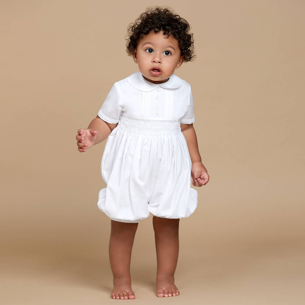 Sarah Louise-Boys White Babysuit & Hat Set | Childrensalon