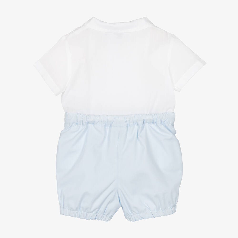 Sarah Louise-Boys White & Blue Cotton Buster Suit | Childrensalon