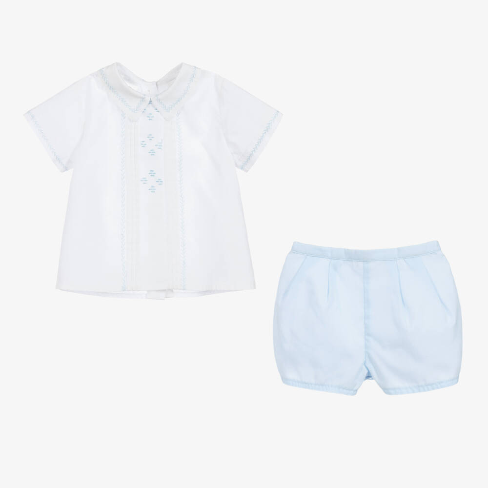Sarah Louise-Boys White & Blue Embroidered Shorts Set | Childrensalon