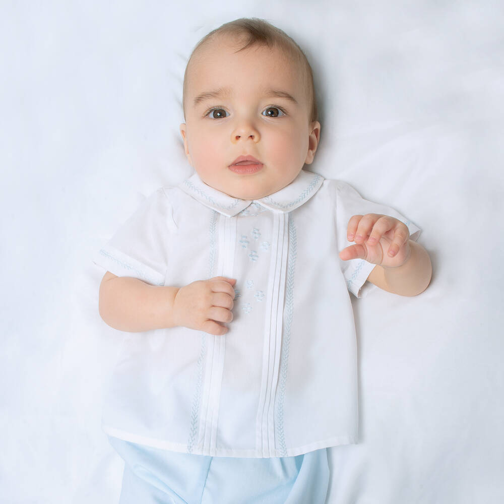 Sarah Louise-Boys White & Blue Embroidered Shorts Set | Childrensalon