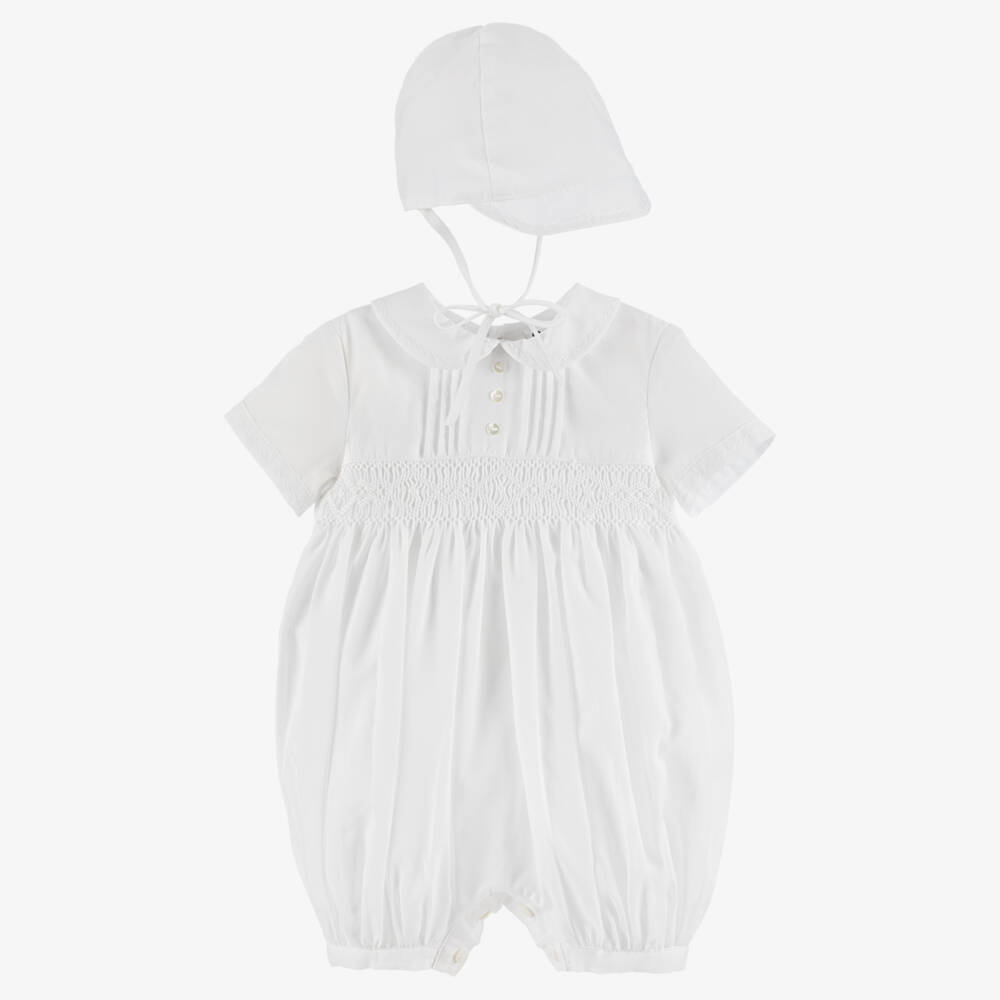 Sarah Louise-طقم تبّان و قبعة أطفال ولادي تطريزسموك لون أبيض | Childrensalon