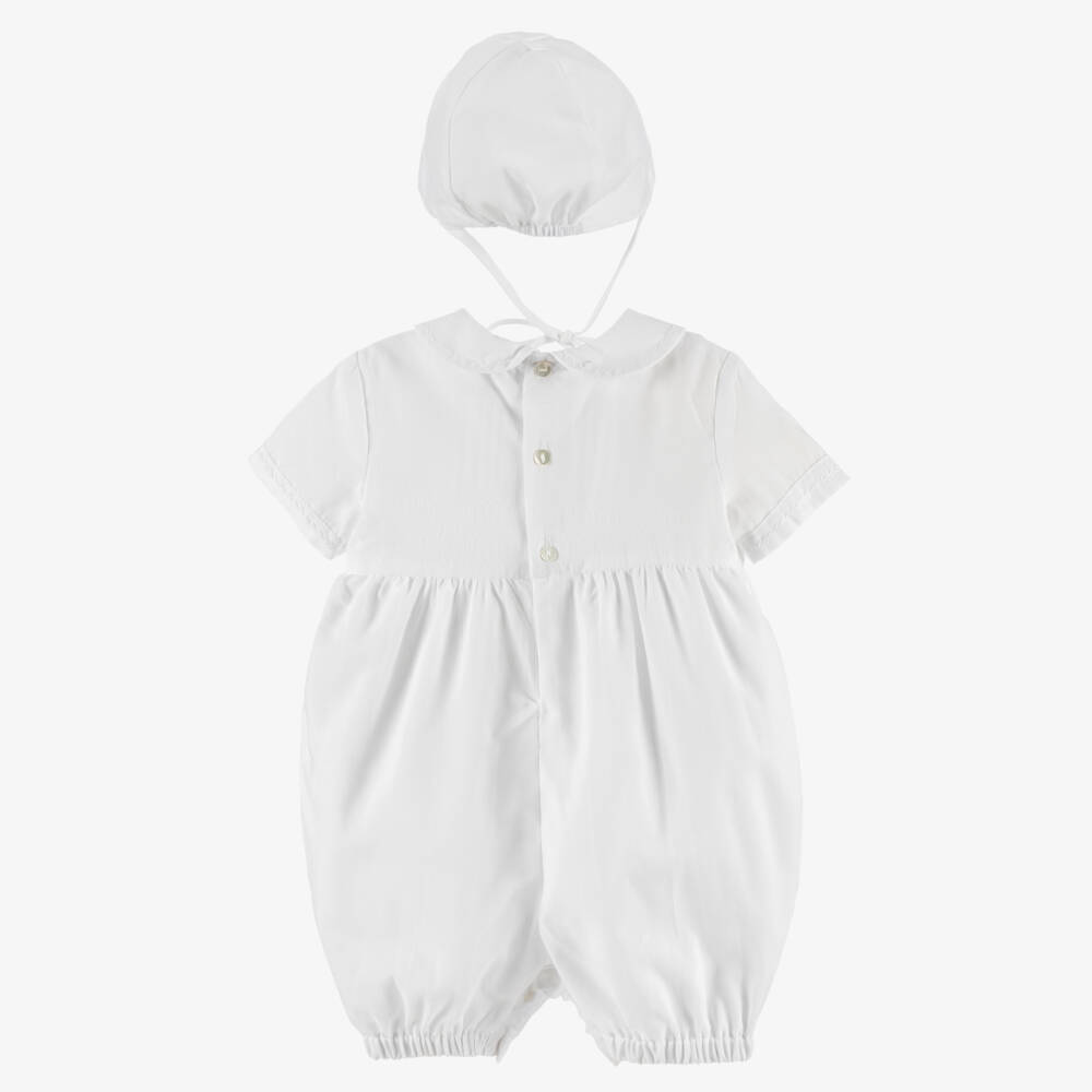 Sarah Louise-طقم تبّان و قبعة أطفال ولادي تطريزسموك لون أبيض | Childrensalon