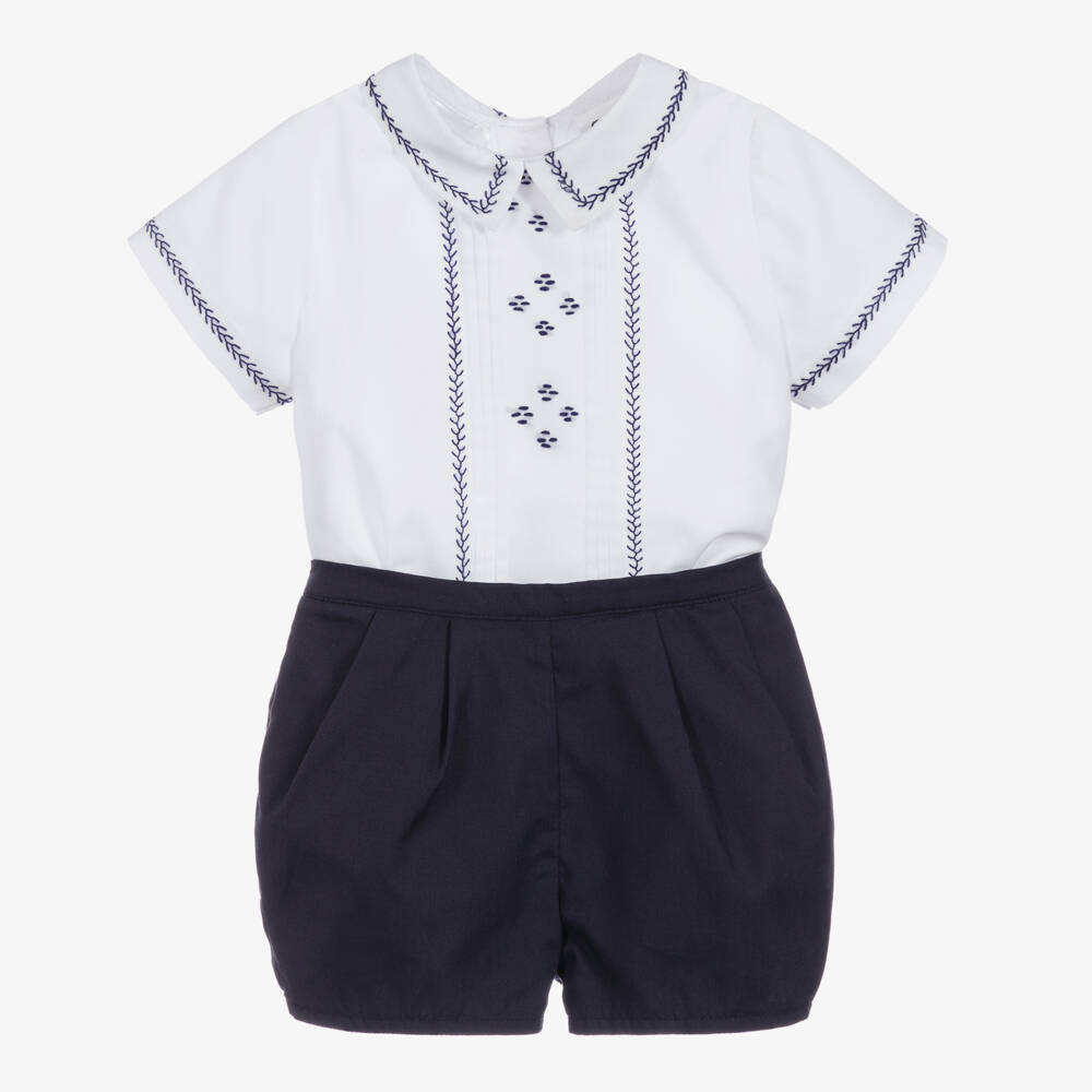 Sarah Louise-Boys White & Navy Blue Embroidered Shorts Set | Childrensalon