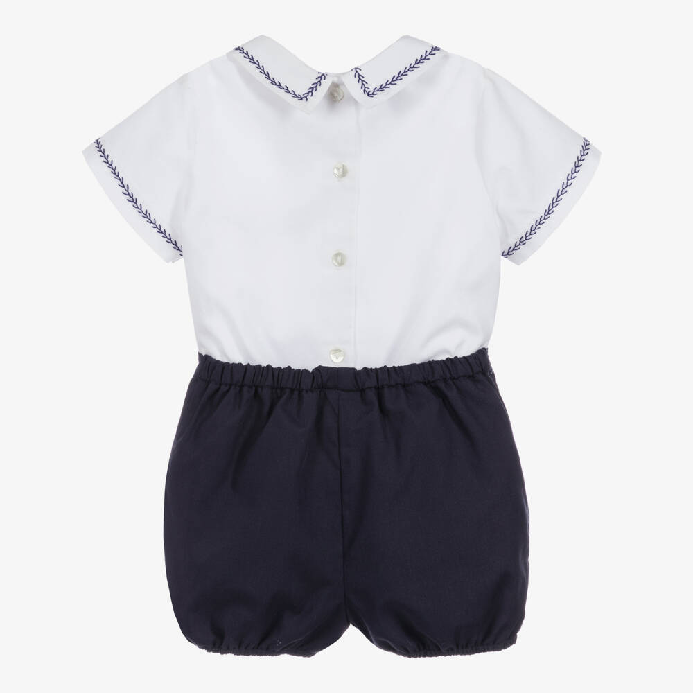 Sarah Louise-Boys White & Navy Blue Embroidered Shorts Set | Childrensalon