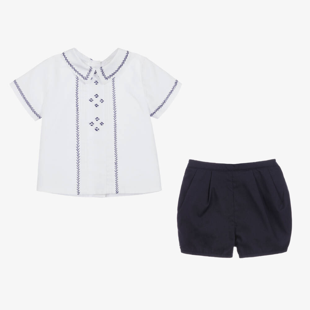 Sarah Louise-Boys White & Navy Blue Embroidered Shorts Set | Childrensalon