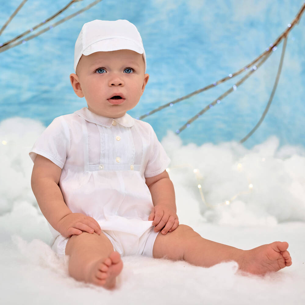 Sarah Louise-Boys White Satin Shortie & Hat Set | Childrensalon
