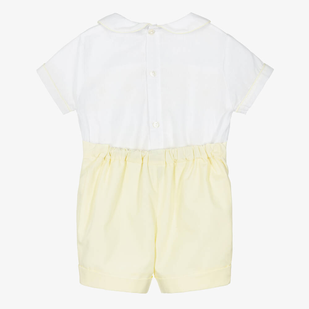 Sarah Louise-Boys White & Yellow Cotton Hand-Smocked Buster Suit | Childrensalon