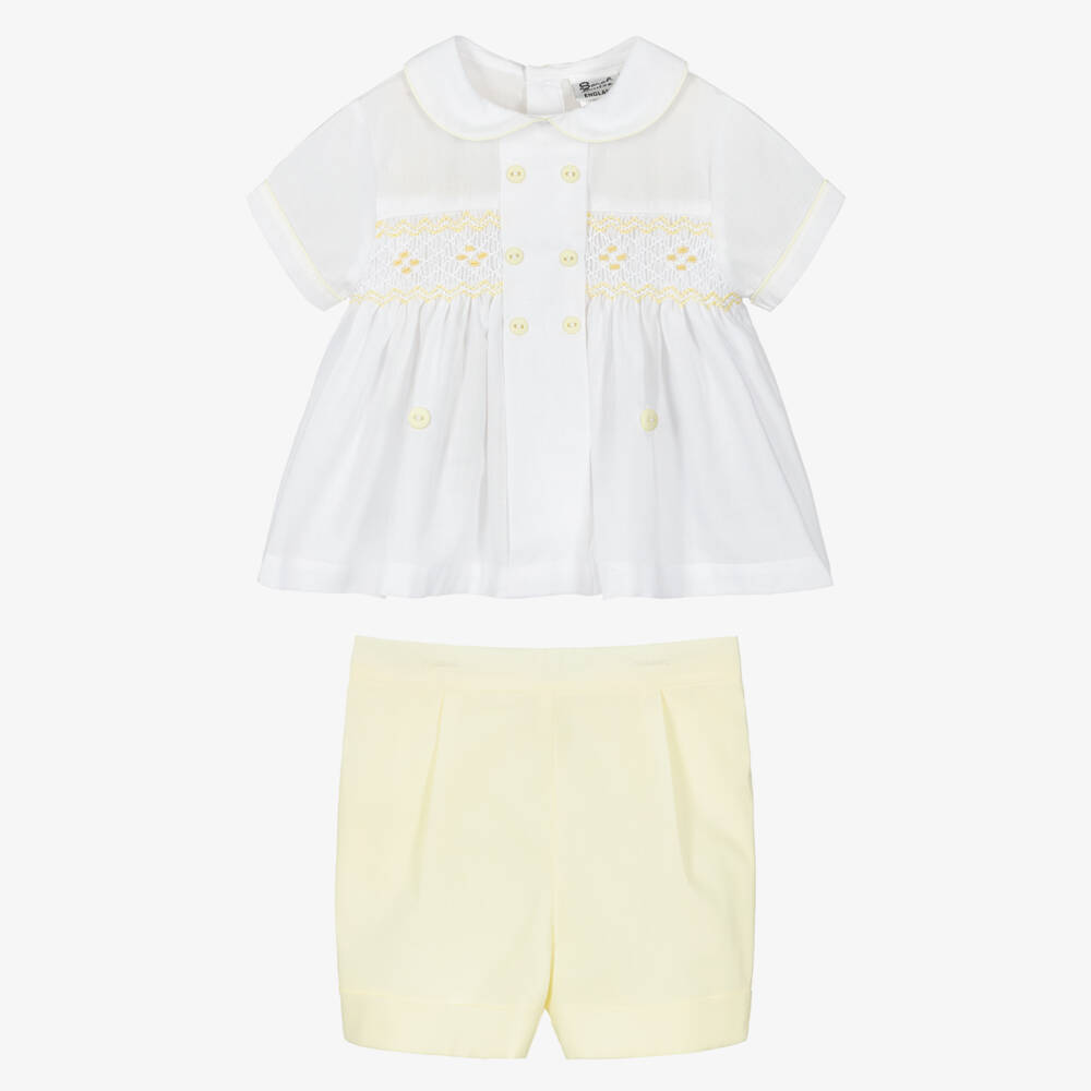 Sarah Louise-Boys White & Yellow Cotton Hand-Smocked Buster Suit | Childrensalon