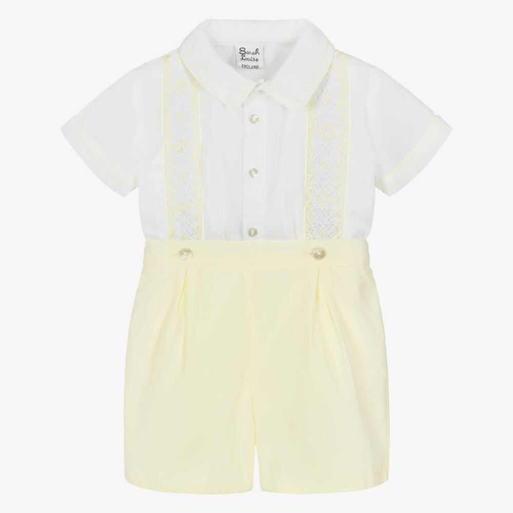 Sarah Louise-Boys White & Yellow Hand-Smocked Buster Suit | Childrensalon