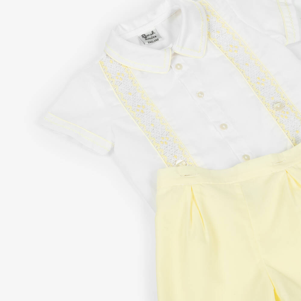 Sarah Louise-Boys White & Yellow Hand-Smocked Buster Suit | Childrensalon
