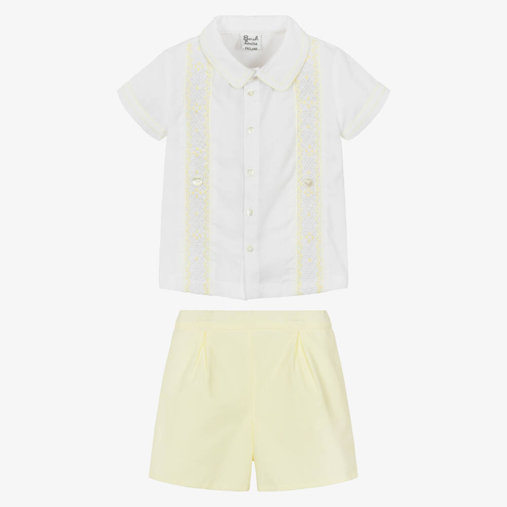 Sarah Louise-Boys White & Yellow Hand-Smocked Buster Suit | Childrensalon