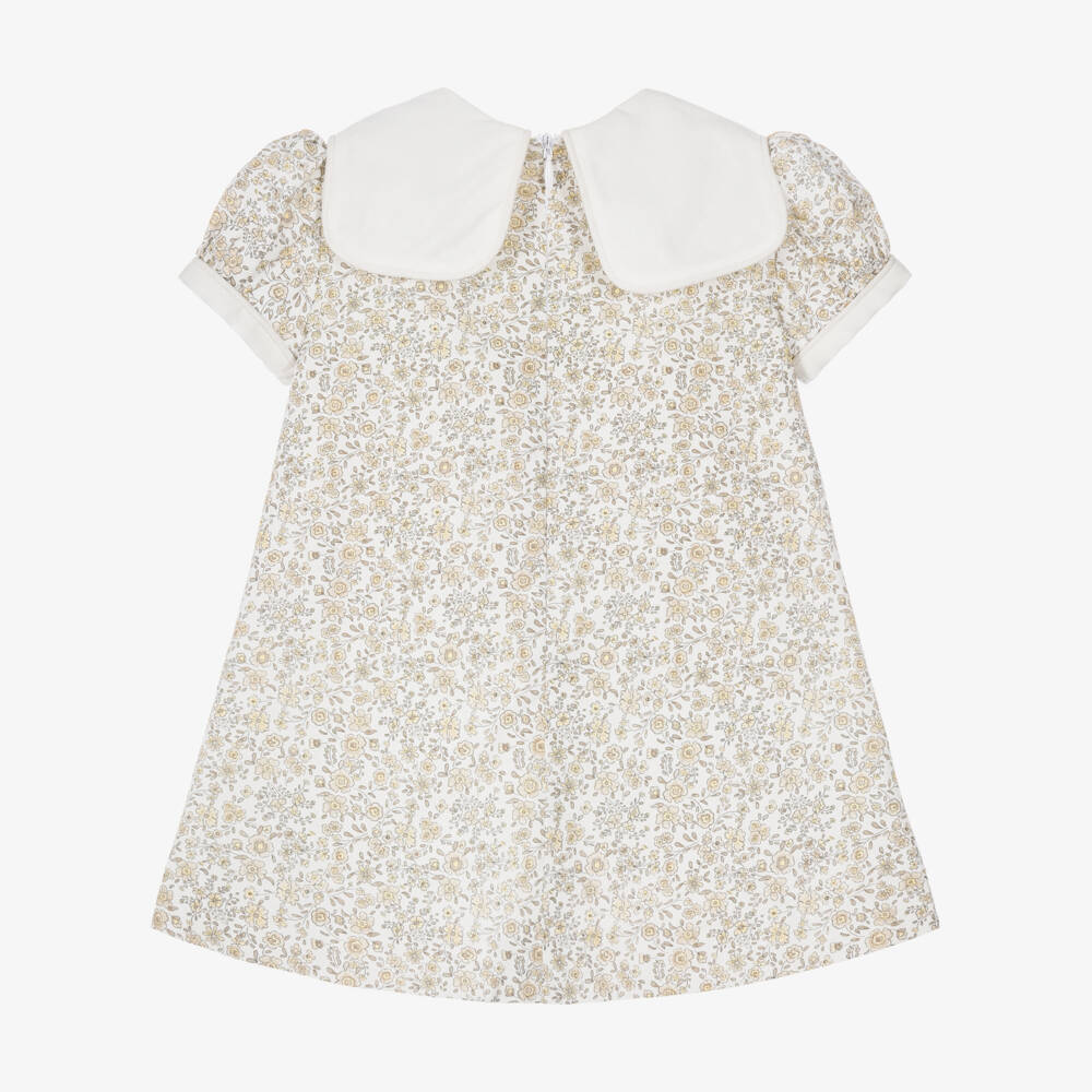 Sarah Louise-Girls Beige Floral Dress with Bow Collar | Childrensalon