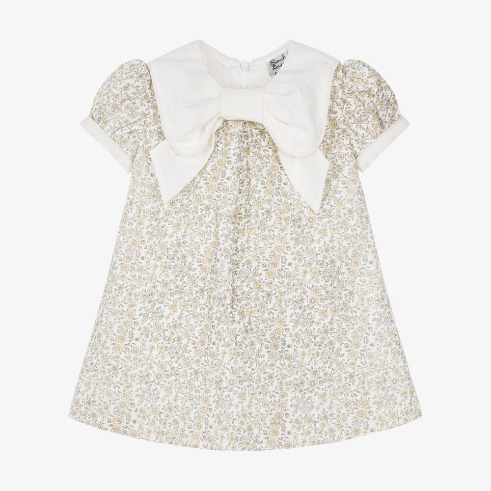 Sarah Louise-Girls Beige Floral Dress with Bow Collar | Childrensalon