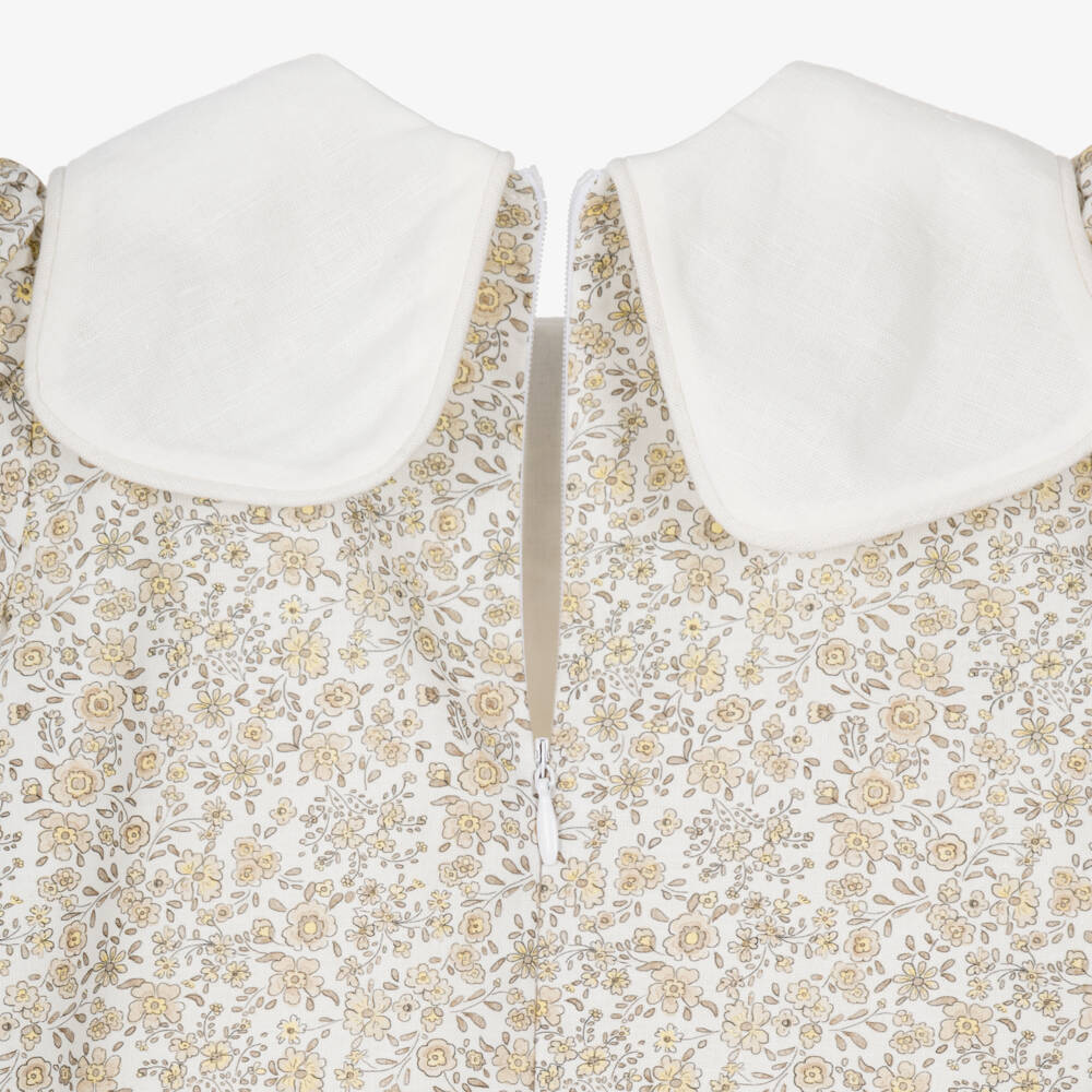 Sarah Louise-Girls Beige Floral Dress with Bow Collar | Childrensalon