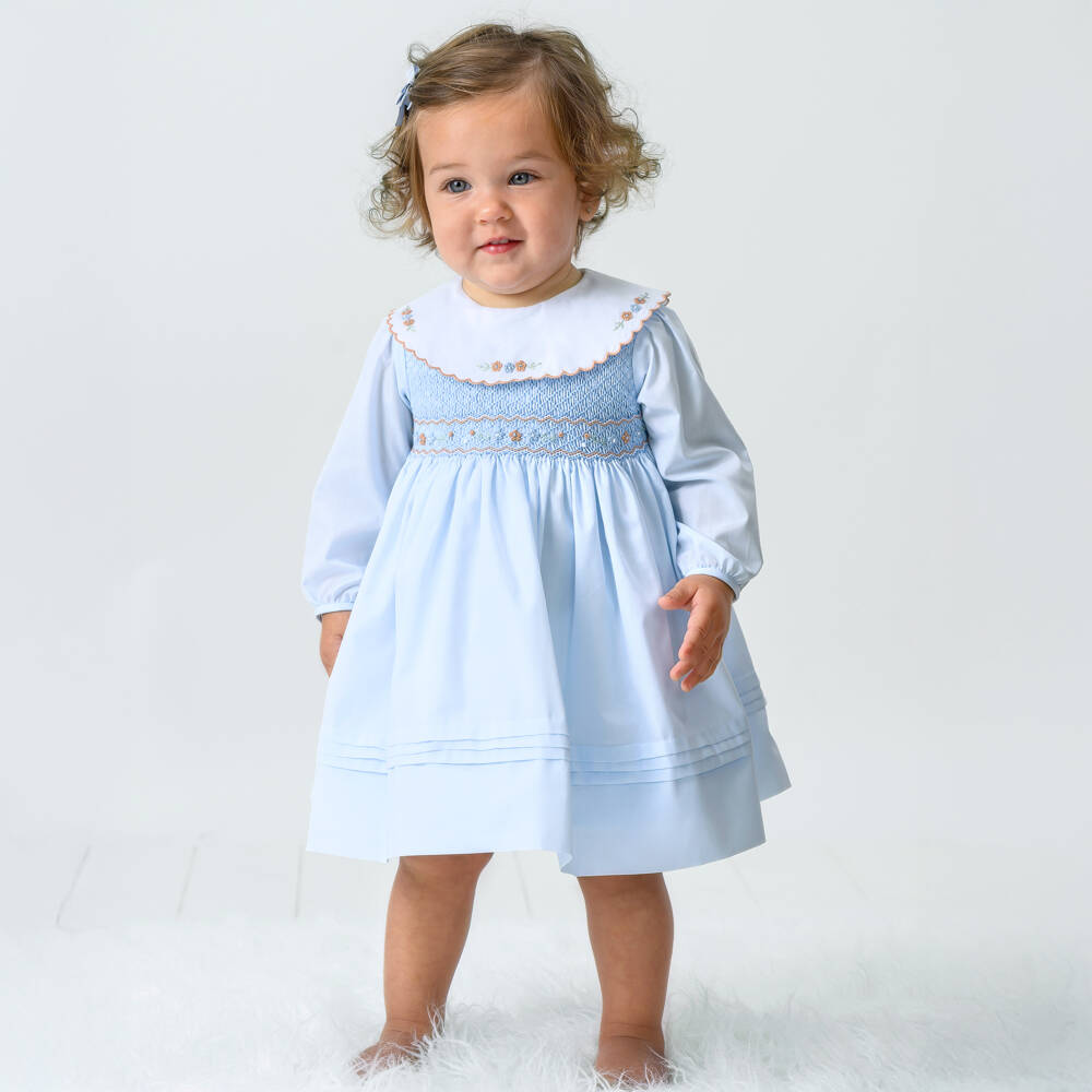Sarah Louise-Girls Blue Cotton Hand-Smocked Dress | Childrensalon