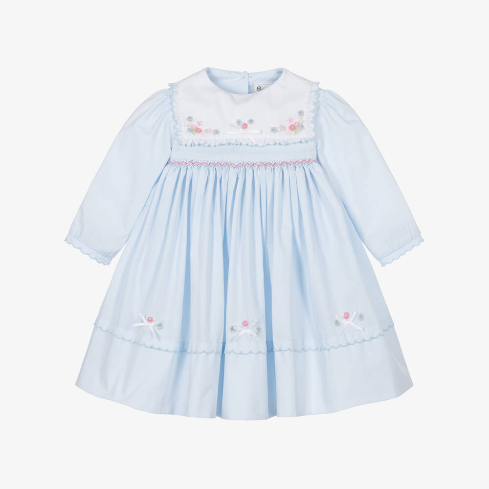 Sarah Louise-Girls Blue Dress with Hand Embroidered Florals | Childrensalon