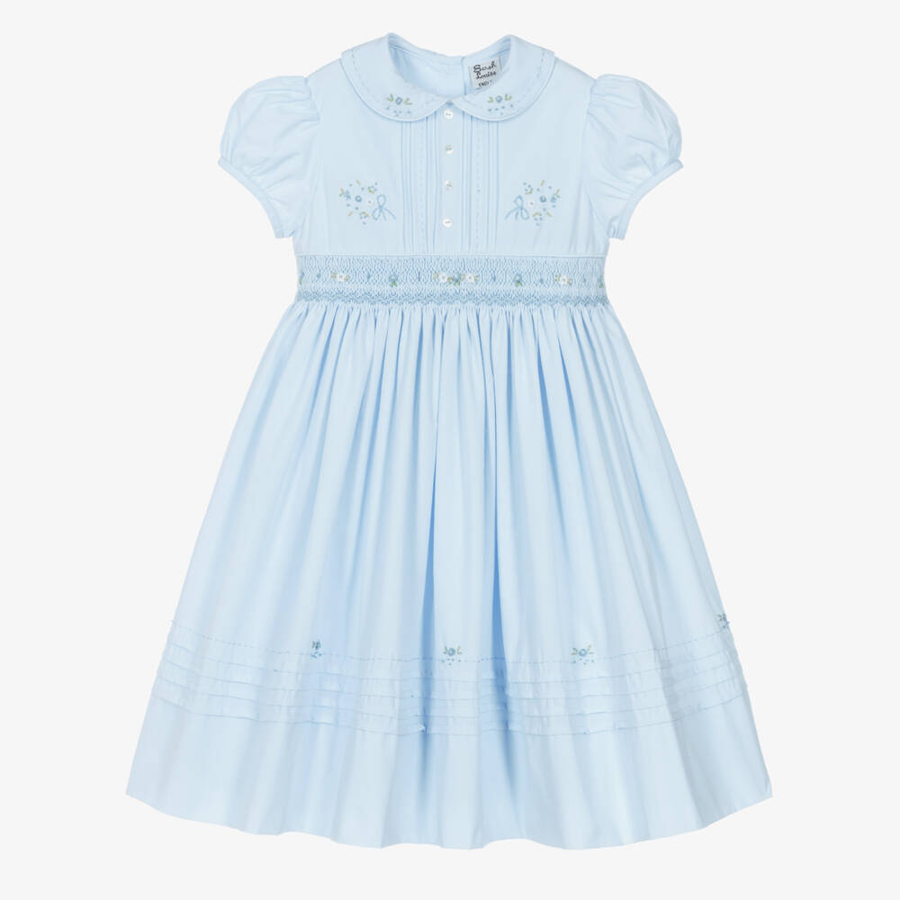 Sarah Louise-Платье голубое с ручной присборенной вышивкой цветов для девочек  | Childrensalon