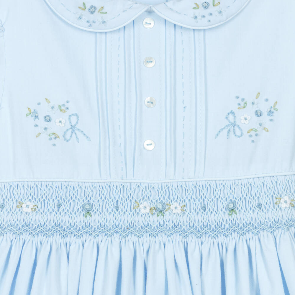Sarah Louise-Платье голубое с ручной присборенной вышивкой цветов для девочек | Childrensalon