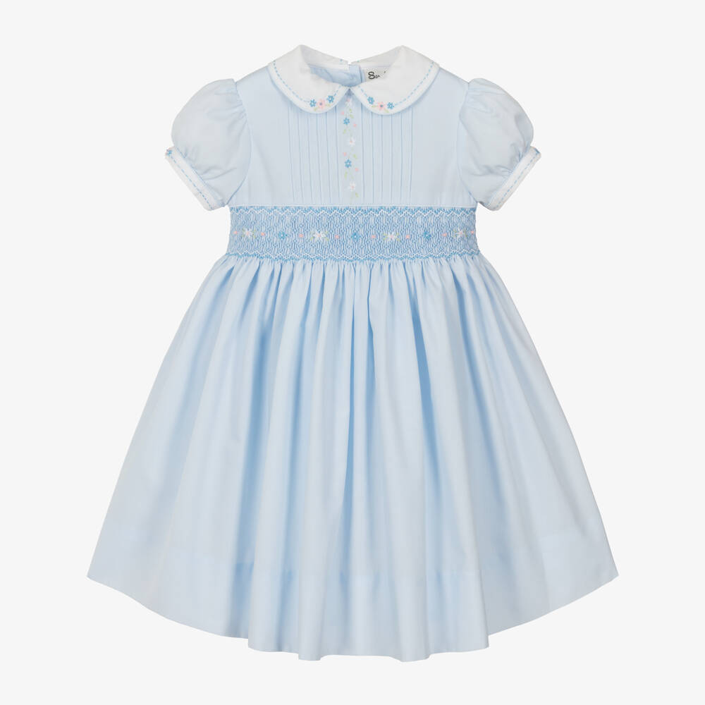 Sarah Louise-Girls Blue Hand-Smocked Dress with Embroidered Flowers | Childrensalon