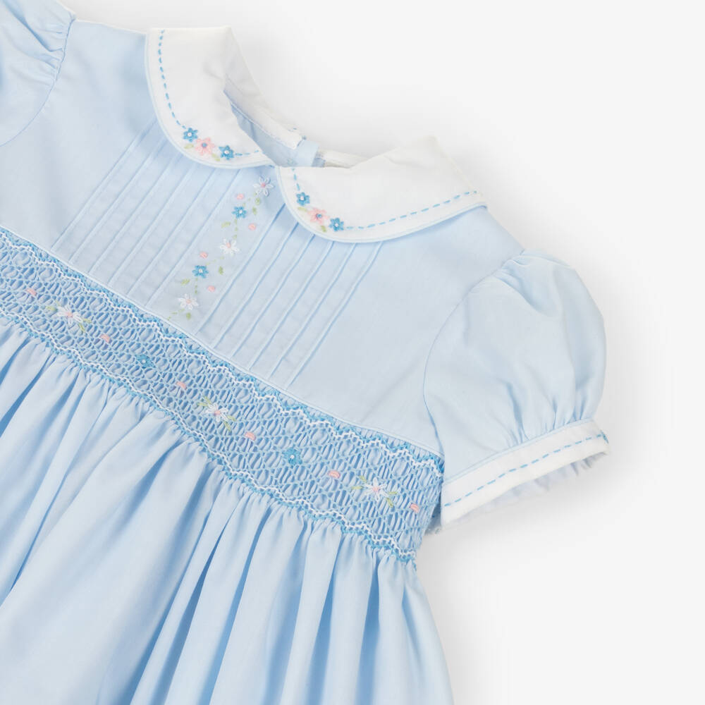 Sarah Louise-Girls Blue Hand-Smocked Dress with Embroidered Flowers | Childrensalon