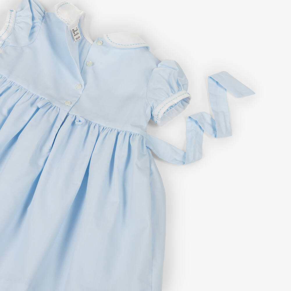 Sarah Louise-Girls Blue Hand-Smocked Dress with Embroidered Flowers | Childrensalon