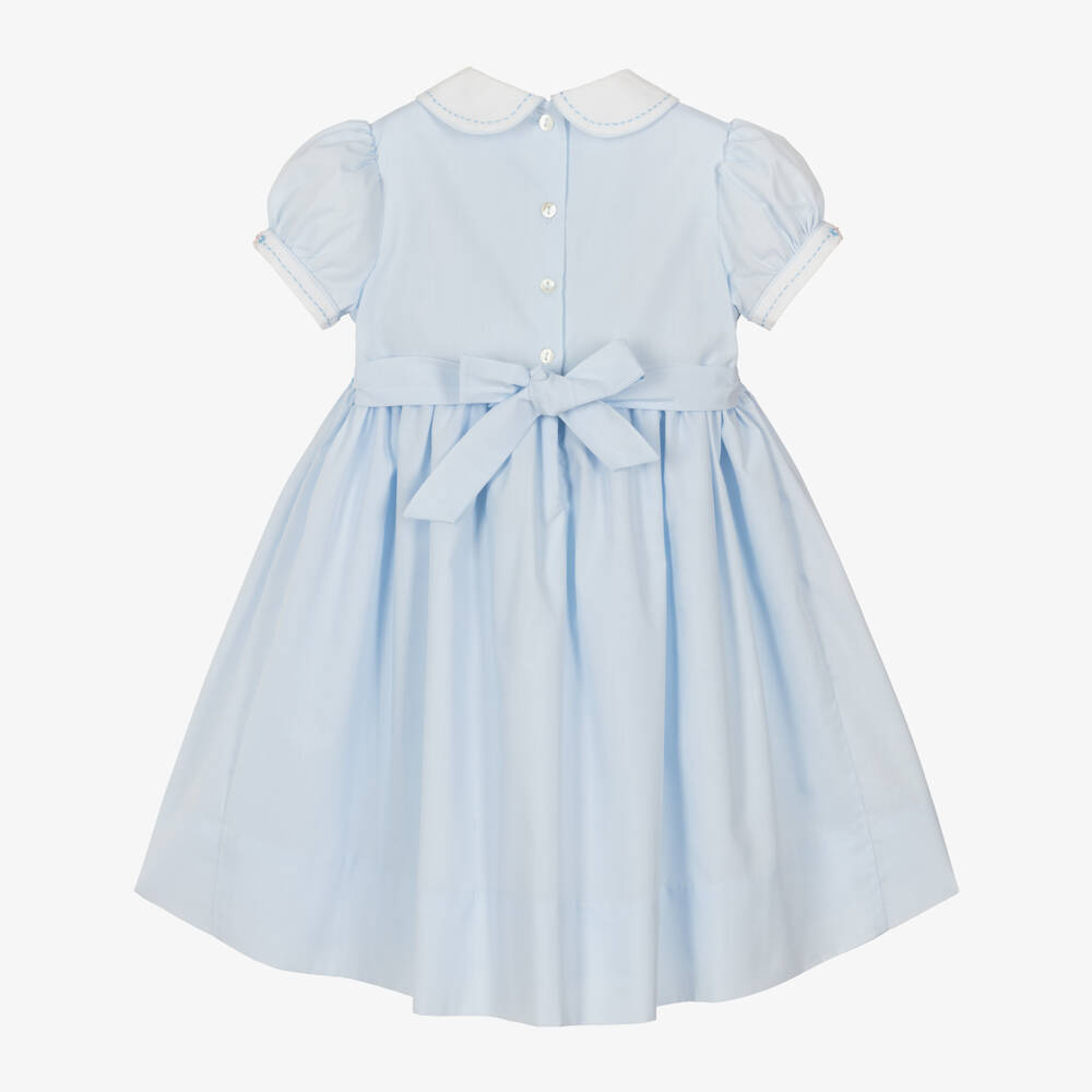 Sarah Louise-Girls Blue Hand-Smocked Dress with Embroidered Flowers | Childrensalon