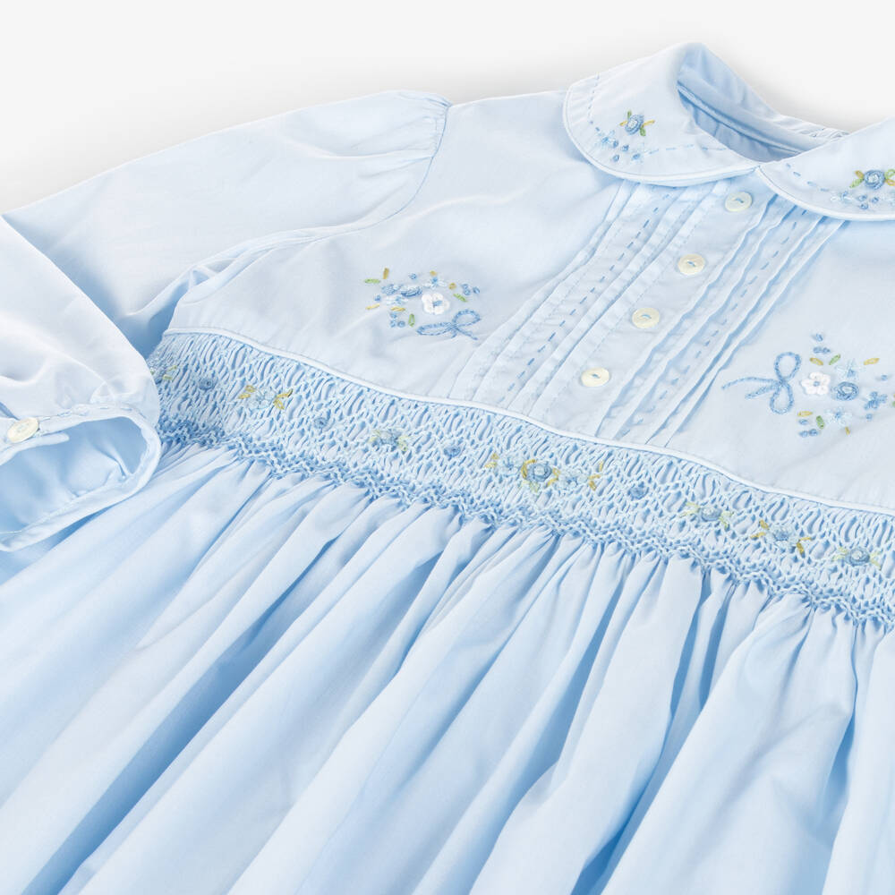 Sarah Louise-Girls Blue Smocked Cotton Dress | Childrensalon