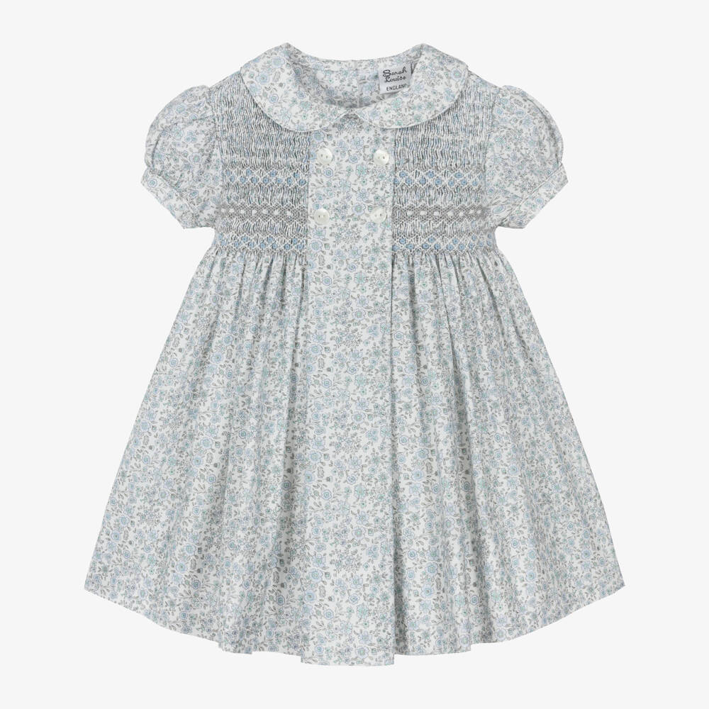 Sarah Louise-Girls Hand-Smocked White & Blue Floral Cotton Dress | Childrensalon