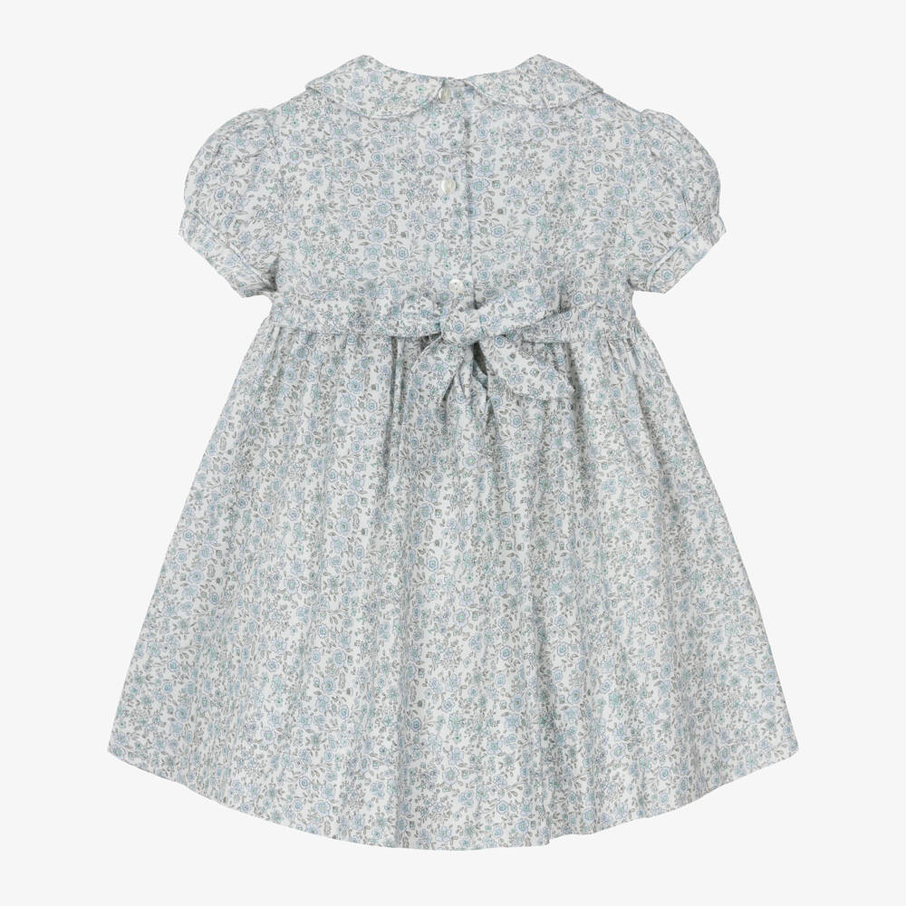 Sarah Louise-Girls Hand-Smocked White & Blue Floral Cotton Dress | Childrensalon