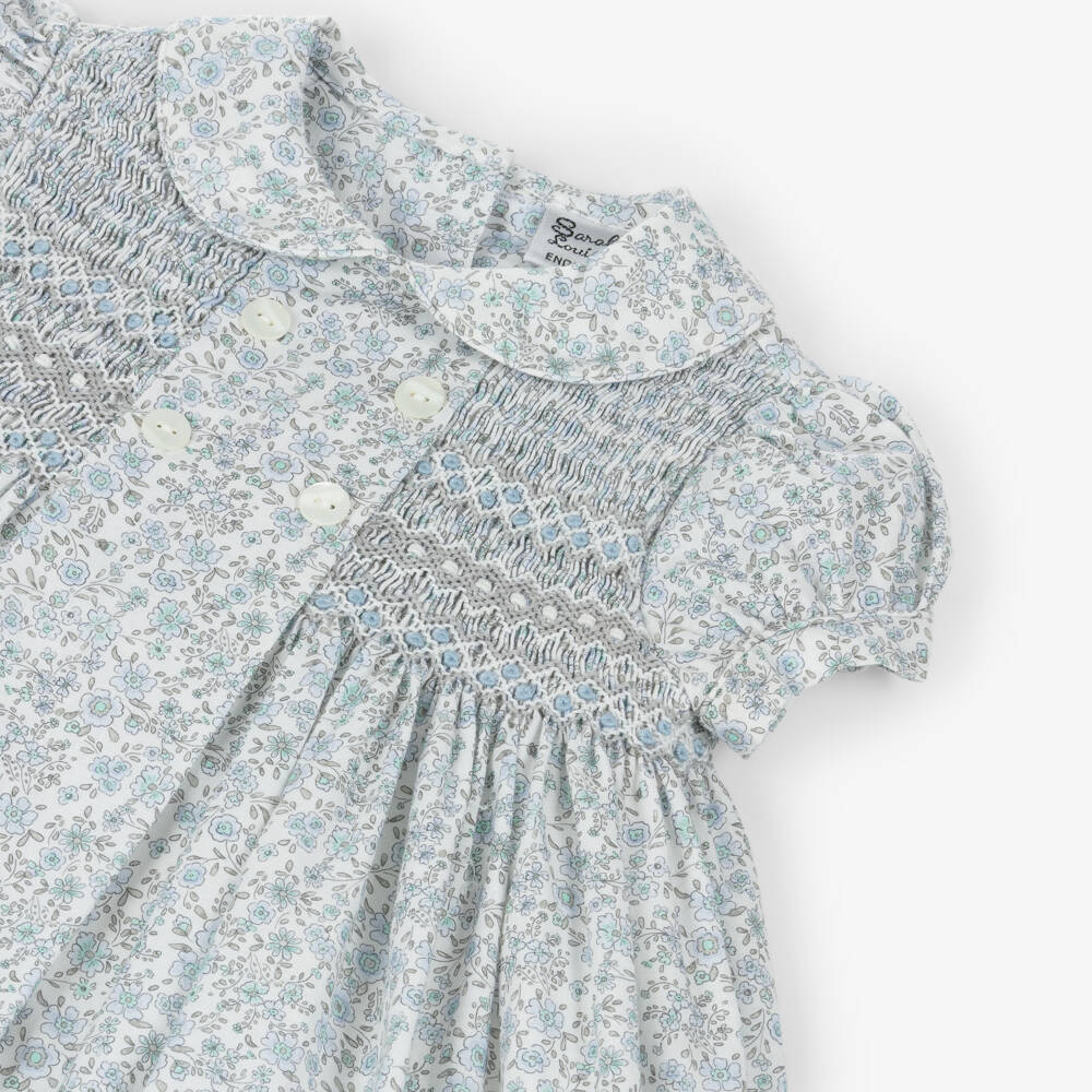Sarah Louise-Girls Hand-Smocked White & Blue Floral Cotton Dress | Childrensalon