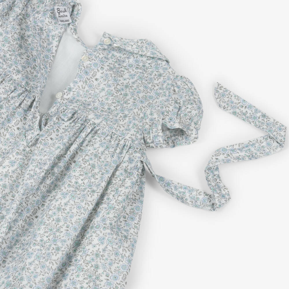 Sarah Louise-Girls Hand-Smocked White & Blue Floral Cotton Dress | Childrensalon